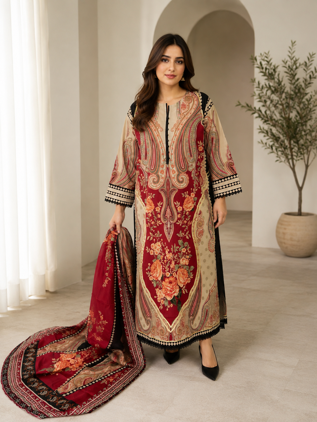 Elegant Maroon & Beige Floral Printed 3-Piece Pakistani Lawn Suit with Chiffon Dupatta