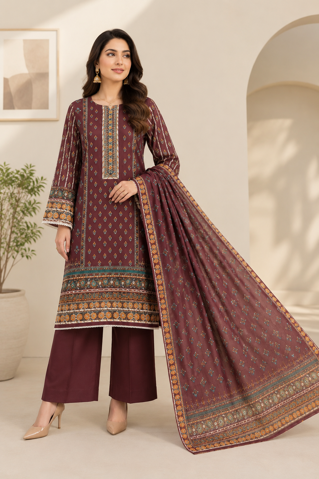 Mahogany Maroon Printed 3-Piece Suit with Dupatta