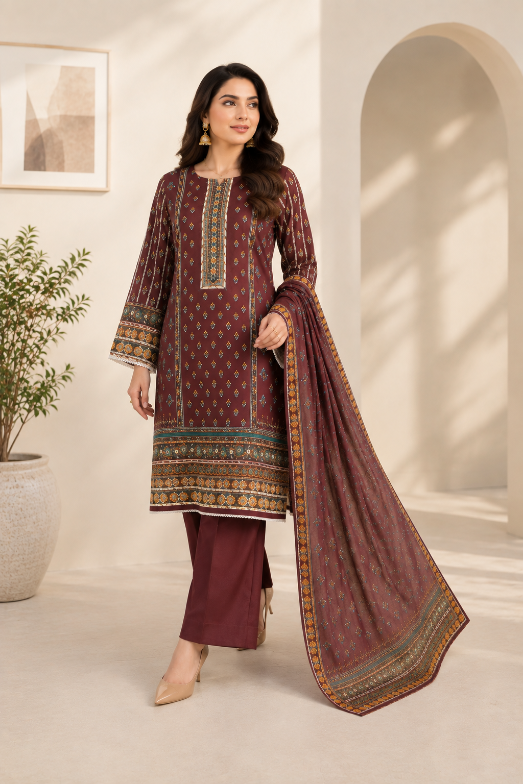 Mahogany Maroon Printed 3-Piece Suit with Dupatta