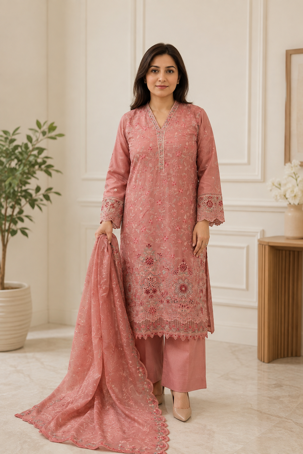 Dusty Rose Embroidered Salwar Kameez with Chiffon Dupatta | 3 Piece Women's Suit