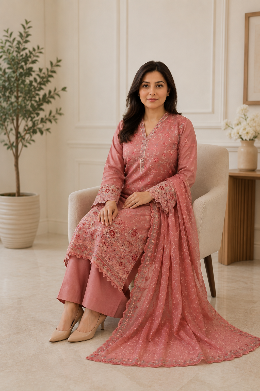 Dusty Rose Embroidered Salwar Kameez with Chiffon Dupatta | 3 Piece Women's Suit