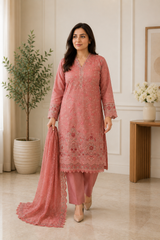 Dusty Rose Embroidered Salwar Kameez with Chiffon Dupatta | 3 Piece Women's Suit