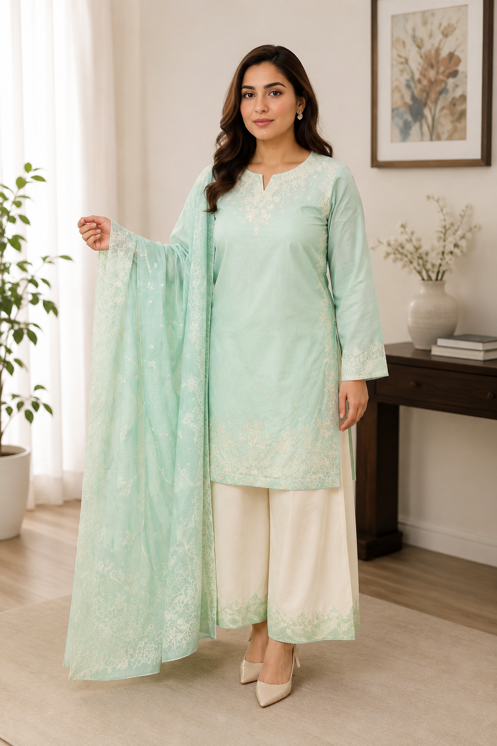 Mint Green Embroidered Pakistani Lawn Suit with Chiffon Dupatta & Embroidered Palazzo – 3 Piece Women's Ethnic Outfit