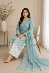 Elegant Dusty Teal Embroidered 3-Piece Lawn Suit Chiffon Dupatta