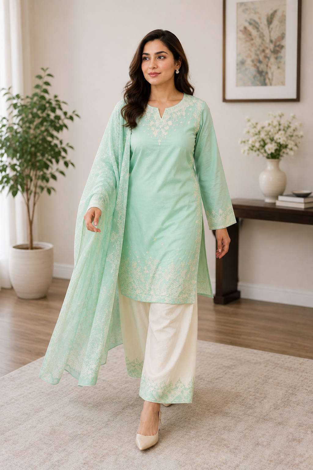 Mint Green Embroidered Pakistani Lawn Suit with Chiffon Dupatta & Embroidered Palazzo – 3 Piece Women's Ethnic Outfit