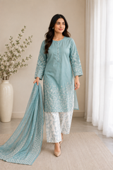 Elegant Dusty Teal Embroidered 3-Piece Lawn Suit Chiffon Dupatta