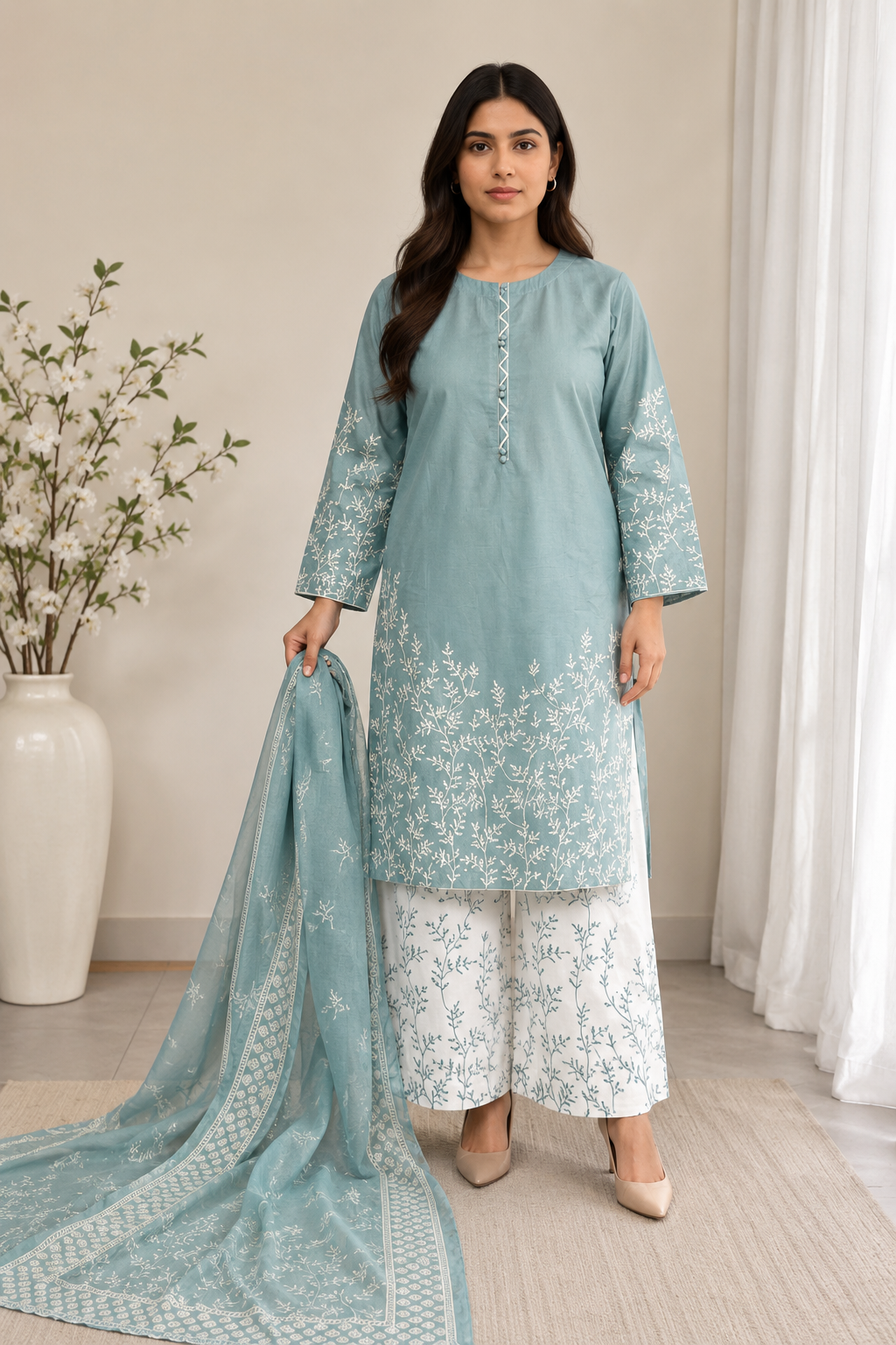 Elegant Dusty Teal Embroidered 3-Piece Lawn Suit Chiffon Dupatta