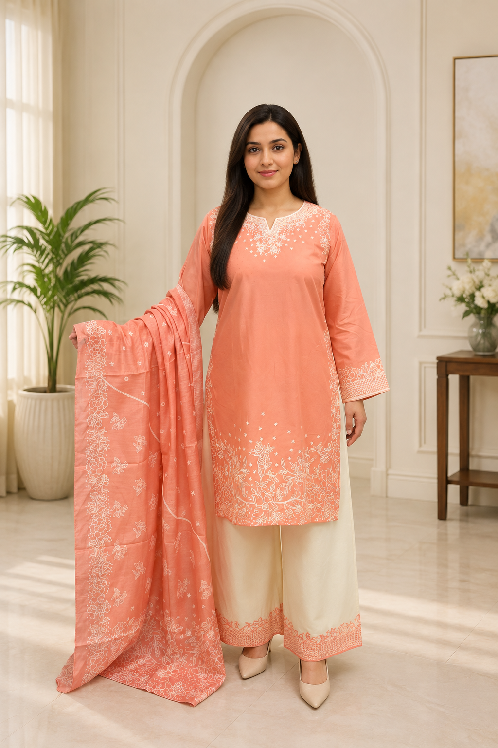 Peach Embroidered Lawn Suit with Printed Dupatta & Ivory Palazzo