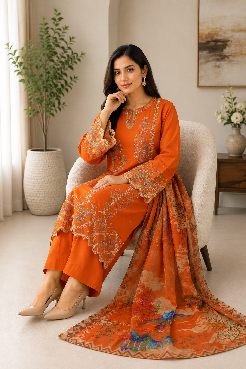 Vibrant Orange Embroidered Pakistani 3-Piece Suit with Printed Dupatta