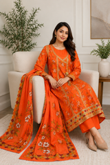 Zareen Orange Floral Embroidered 3-Piece Suit with Printed Dupatta