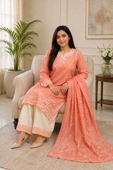 Peach Embroidered Lawn Suit with Printed Dupatta & Ivory Palazzo