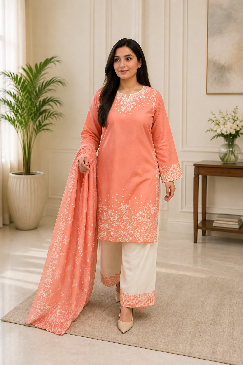 Peach Embroidered Lawn Suit with Printed Dupatta & Ivory Palazzo