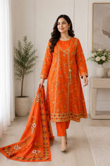 Zareen Orange Floral Embroidered 3-Piece Suit with Printed Dupatta