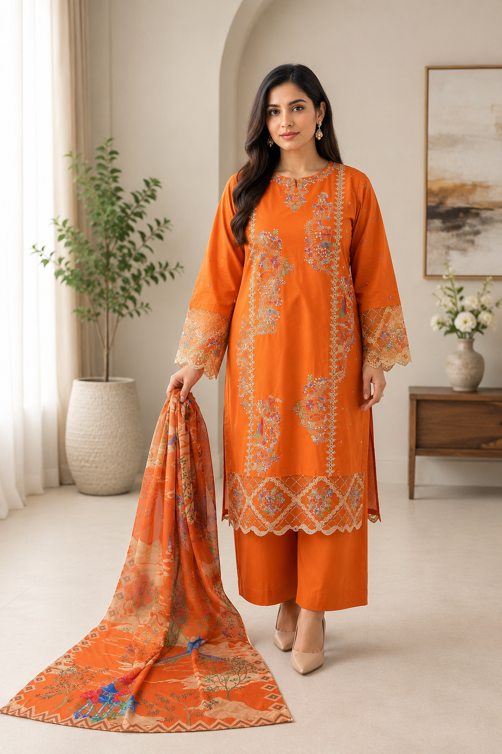 Vibrant Orange Embroidered Pakistani 3-Piece Suit with Printed Dupatta