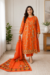 Zareen Orange Floral Embroidered 3-Piece Suit with Printed Dupatta