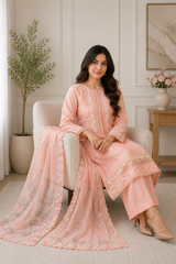 Ayla Blush Pink Floral Embroidered 3-Piece Suit with Organza Dupatta