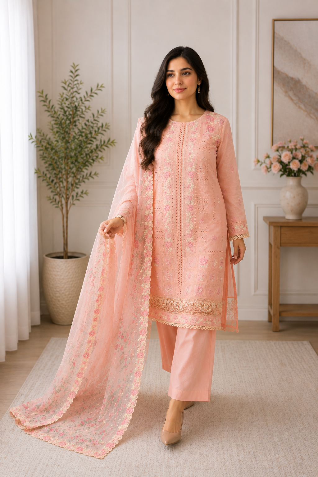 Ayla Blush Pink Floral Embroidered 3-Piece Suit with Organza Dupatta