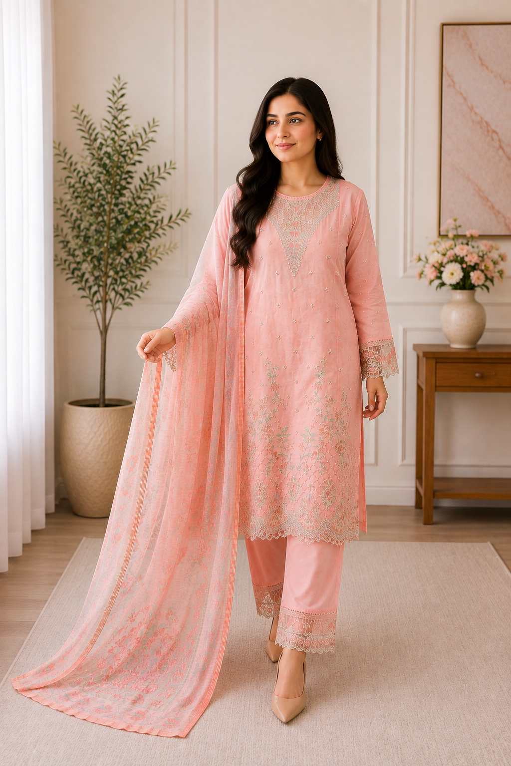 Mehr Blush Pink Embroidered 3-Piece Suit with Printed Dupatta