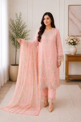 Mehr Blush Pink Embroidered 3-Piece Suit with Printed Dupatta