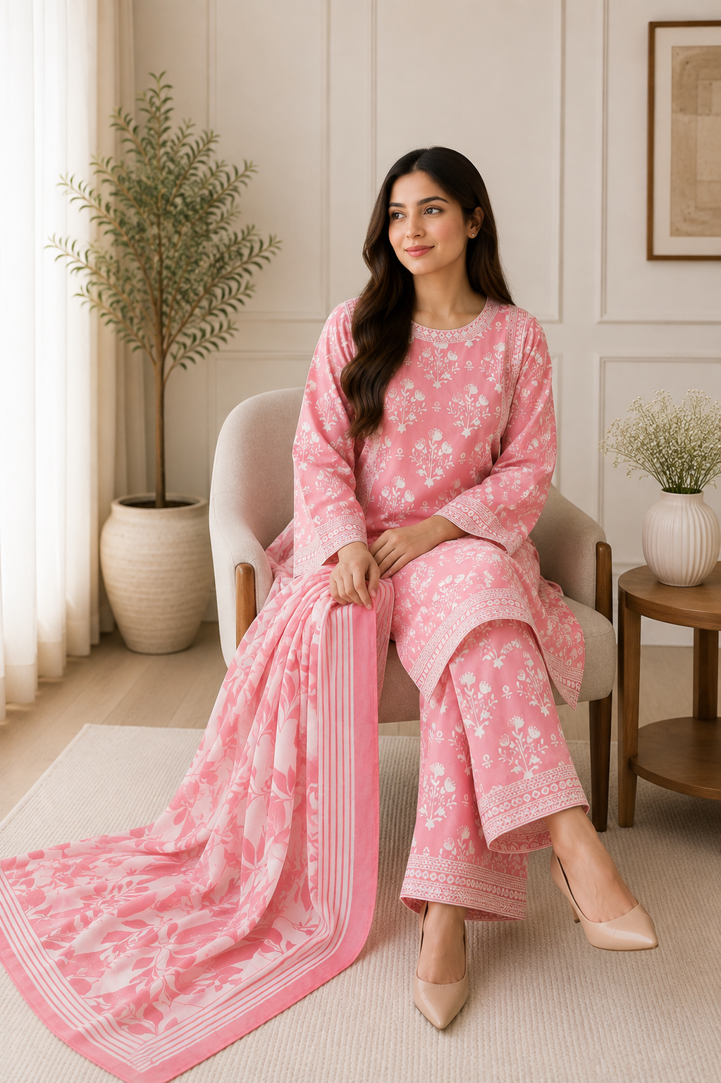 Blush Pink Floral Printed 3-Piece Pakistani Suit with Matching Dupatta