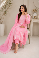 Elegant Blush Pink 3-Piece Lawn Suit with White Embroidery & Chiffon Dupatta