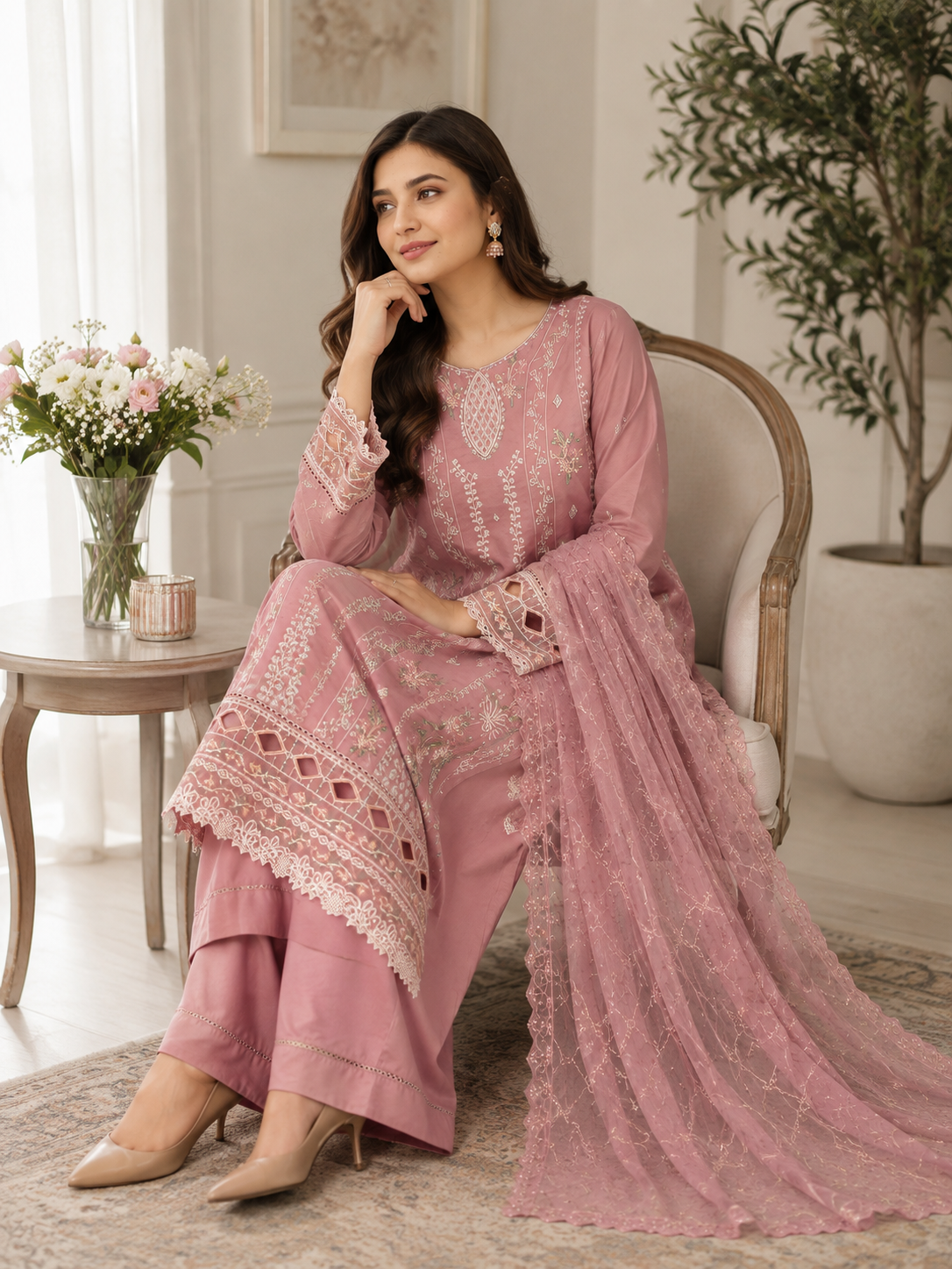 Luxury Dusty Rose Embroidered Salwar Kameez with Net Dupatta | 3 Piece Formal Suit