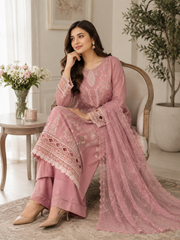Luxury Dusty Rose Embroidered Salwar Kameez with Net Dupatta | 3 Piece Formal Suit