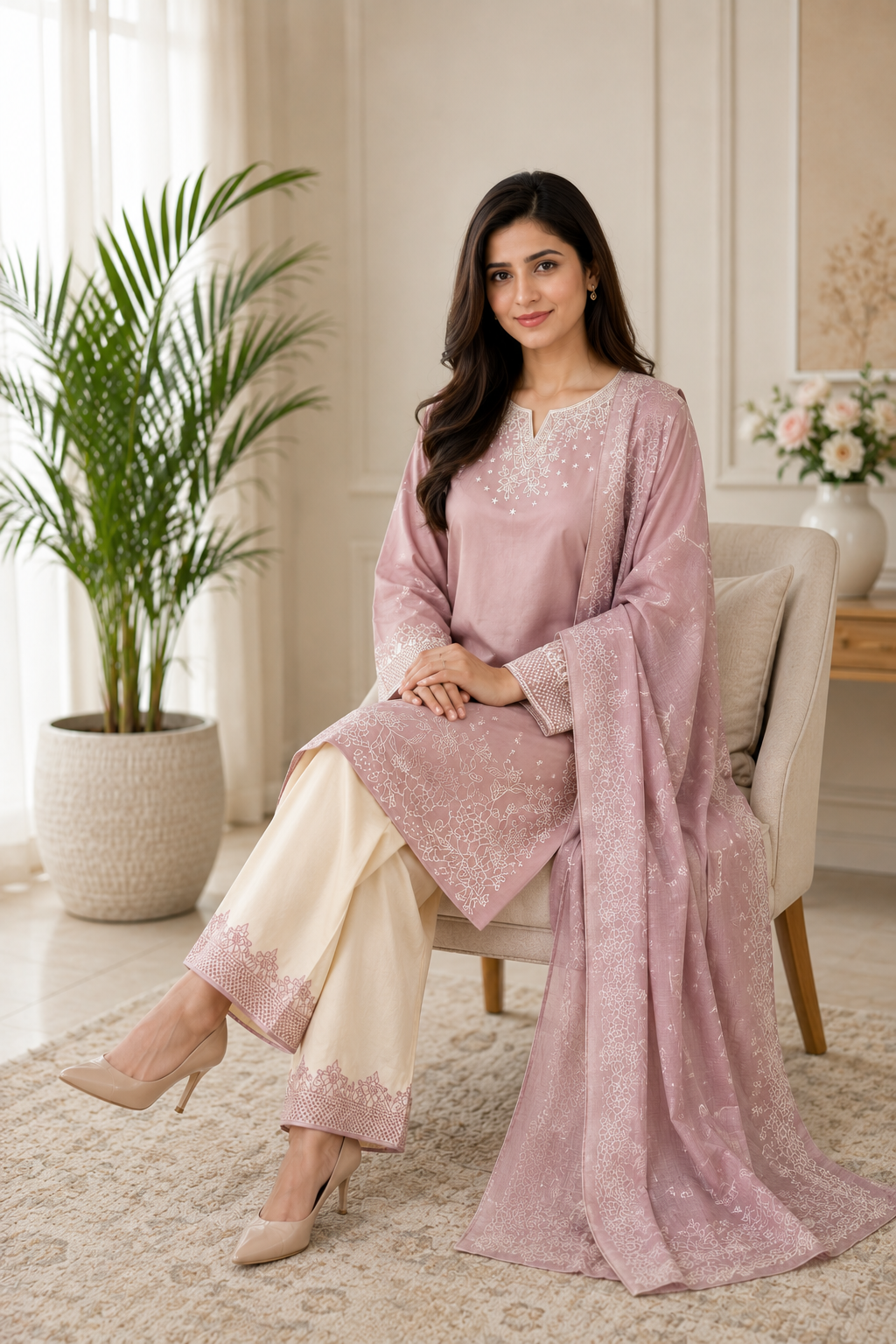 Blush Pink Embroidered 3-Piece Lawn Suit with Dupatta & Embroidered Palazzo
