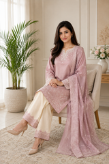 Blush Pink Embroidered 3-Piece Lawn Suit with Dupatta & Embroidered Palazzo
