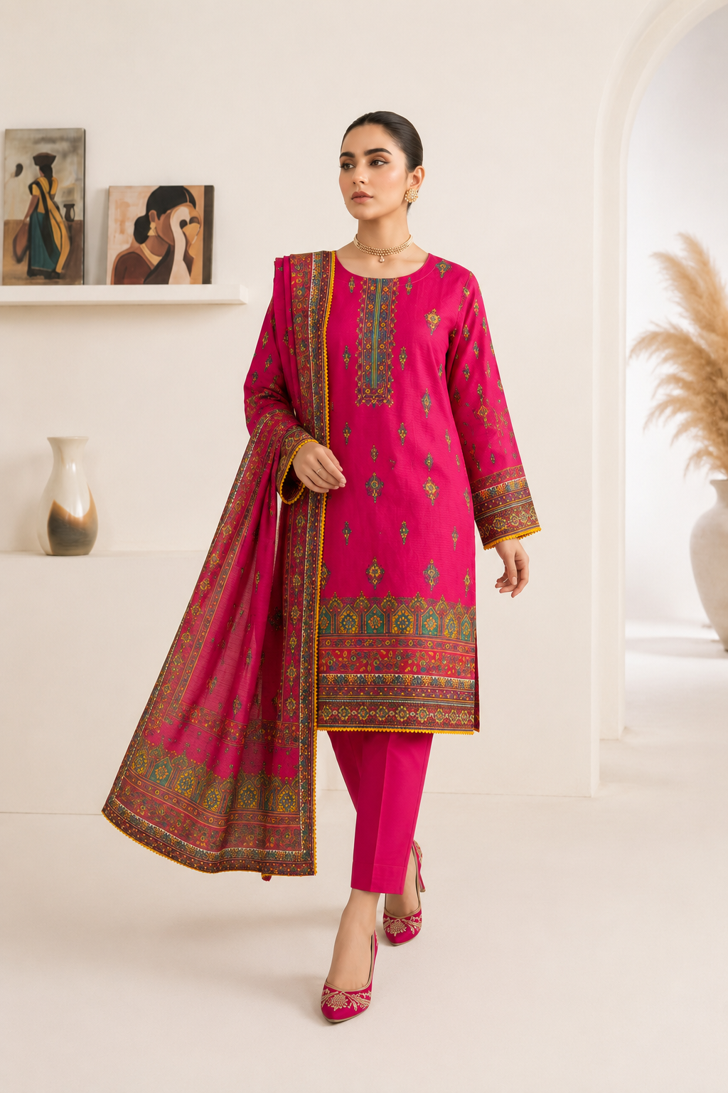 Luxury Fuchsia Printed 3-Piece Lawn Suit with Dupatta
