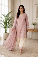 Blush Pink Embroidered 3-Piece Lawn Suit with Dupatta & Embroidered Palazzo