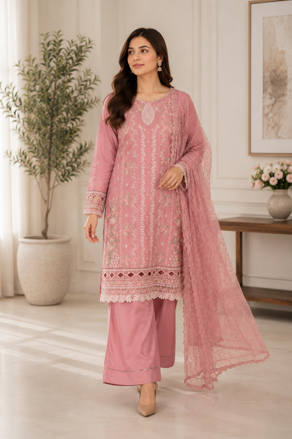 Luxury Dusty Rose Embroidered Salwar Kameez with Net Dupatta | 3 Piece Formal Suit