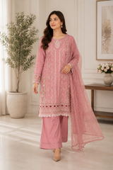 Luxury Dusty Rose Embroidered Salwar Kameez with Net Dupatta | 3 Piece Formal Suit