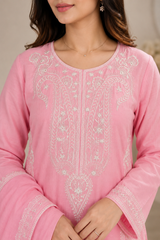Elegant Blush Pink 3-Piece Lawn Suit with White Embroidery & Chiffon Dupatta