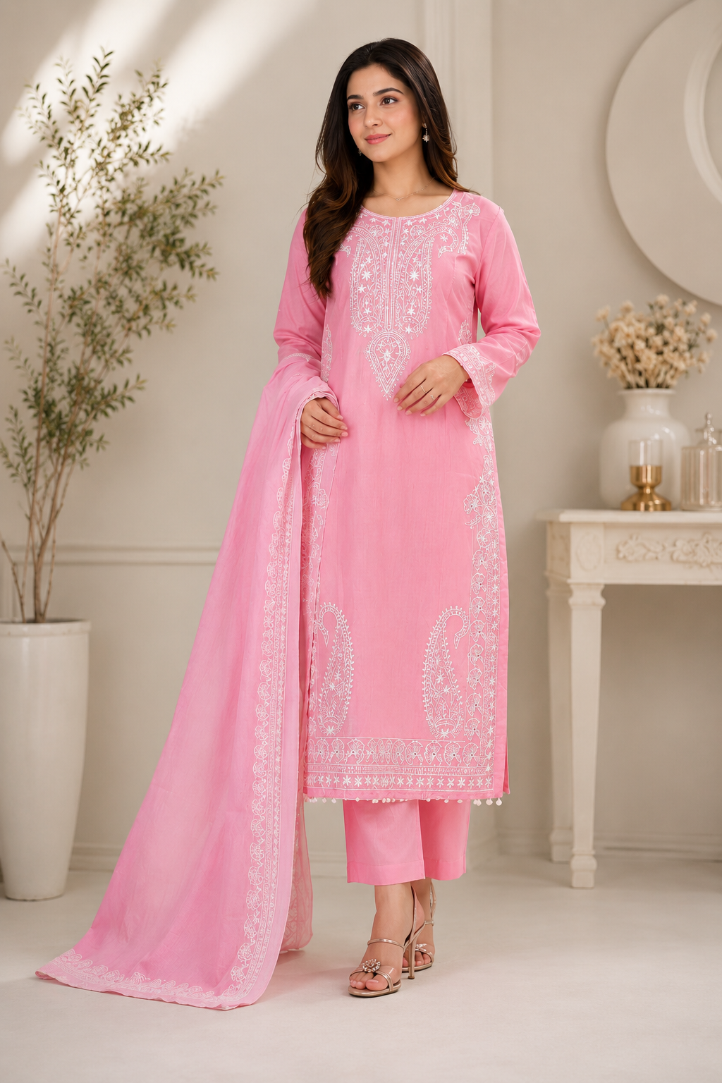 Elegant Blush Pink 3-Piece Lawn Suit with White Embroidery & Chiffon Dupatta