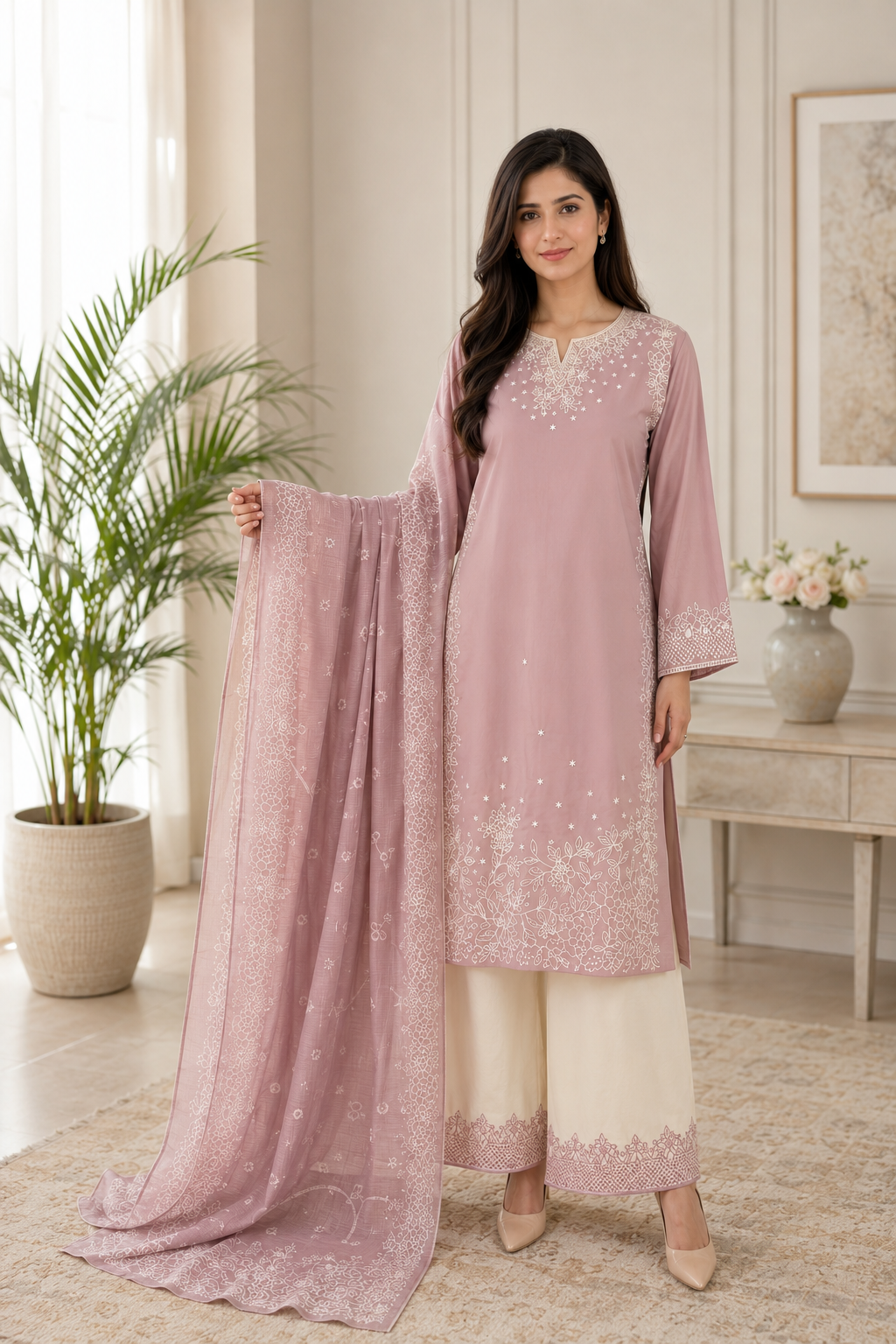 Blush Pink Embroidered 3-Piece Lawn Suit with Dupatta & Embroidered Palazzo