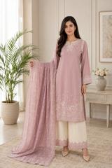 Blush Pink Embroidered 3-Piece Lawn Suit with Dupatta & Embroidered Palazzo