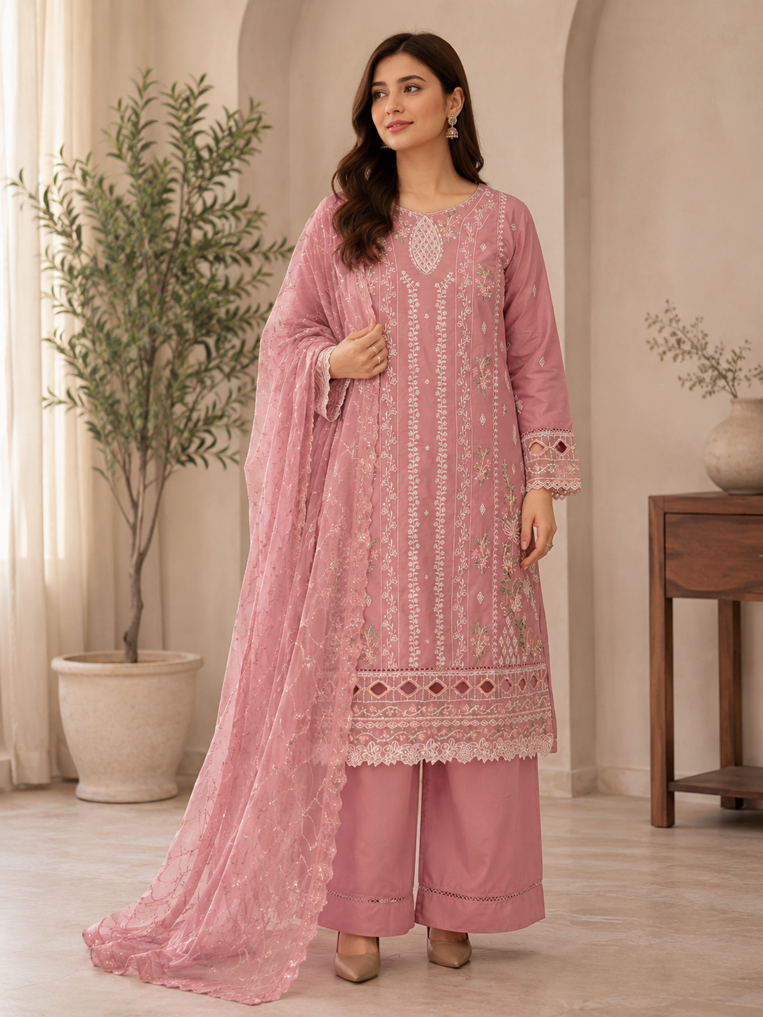 Luxury Dusty Rose Embroidered Salwar Kameez with Net Dupatta | 3 Piece Formal Suit