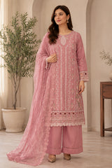 Luxury Dusty Rose Embroidered Salwar Kameez with Net Dupatta | 3 Piece Formal Suit