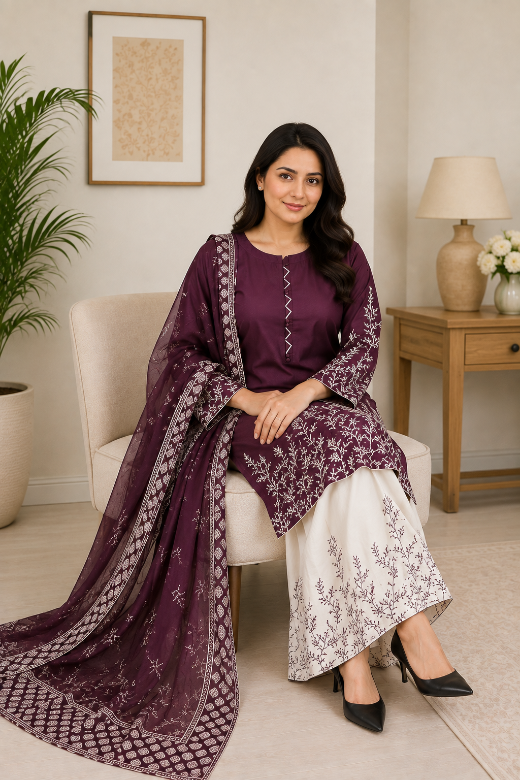 Plum Embroidered Pakistani Lawn Suit with Printed Dupatta & Embroidered Trouser | 3-Piece Women's Ethnic Wear