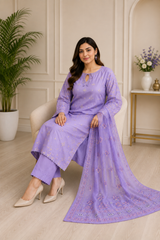 Lavender Bloom Embroidered 3-Piece Suit with Floral Dupatta
