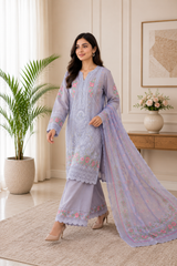 Lavender Embroidered Pakistani 3-Piece Suit with Floral Dupatta & Embroidered Palazzo