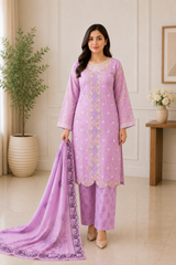 Lilac Embroidered Salwar Kameez with Printed Chiffon Dupatta | 3 Piece Women's Suit
