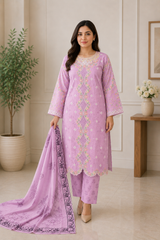 Lilac Embroidered Salwar Kameez with Printed Chiffon Dupatta | 3 Piece Women's Suit