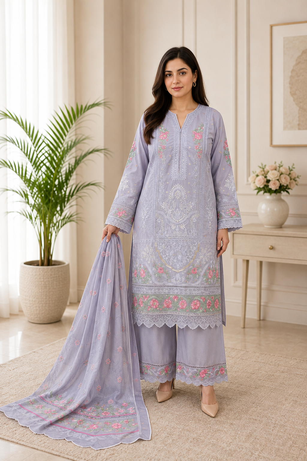 Lavender Embroidered Pakistani 3-Piece Suit with Floral Dupatta & Embroidered Palazzo