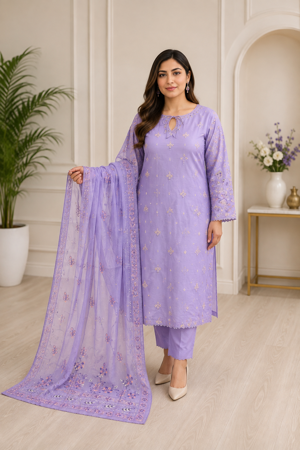 Lavender Bloom Embroidered 3-Piece Suit with Floral Dupatta