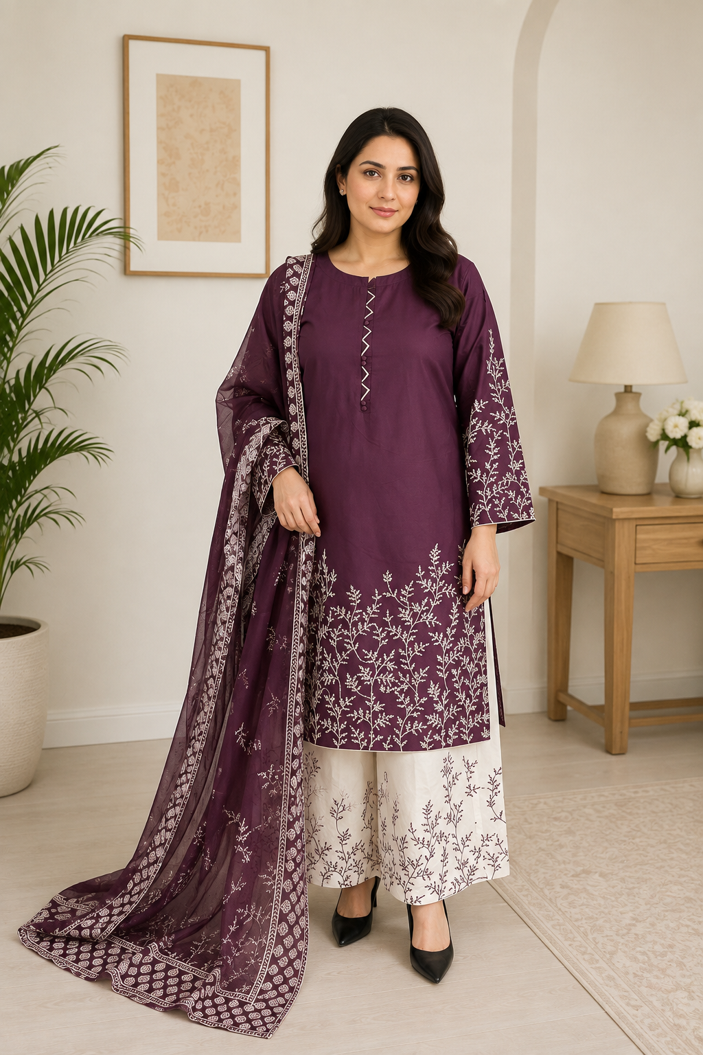 Plum Embroidered Pakistani Lawn Suit with Printed Dupatta & Embroidered Trouser | 3-Piece Women's Ethnic Wear