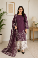Plum Embroidered Pakistani Lawn Suit with Printed Dupatta & Embroidered Trouser | 3-Piece Women's Ethnic Wear