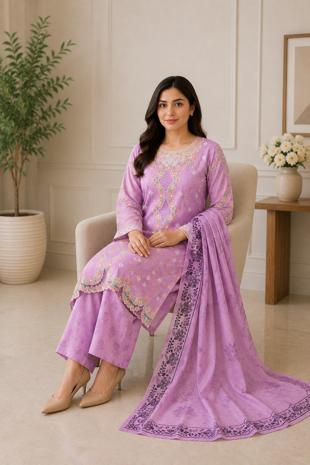 Lilac Embroidered Salwar Kameez with Printed Chiffon Dupatta | 3 Piece Women's Suit