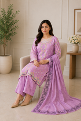 Lilac Embroidered Salwar Kameez with Printed Chiffon Dupatta | 3 Piece Women's Suit